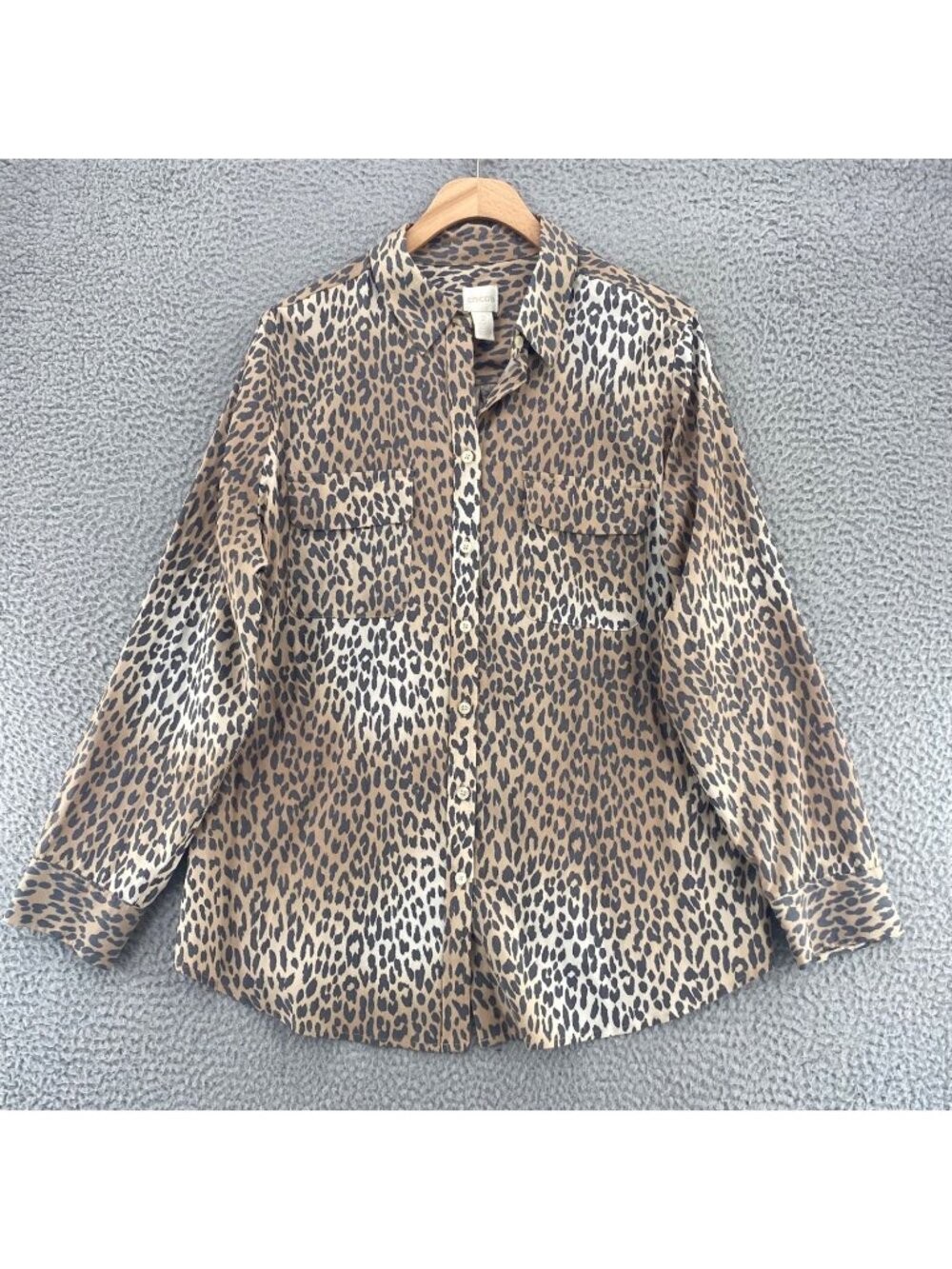 Chicos Shirt Women 2 US Large Brown Animal Print Collar Button Up Pocket Stretch